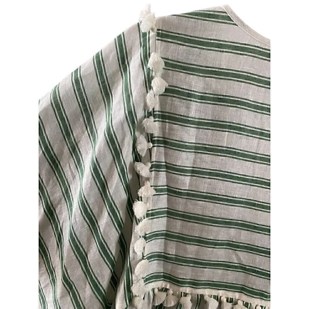 Tory Burch Striped Linen Caftan Size Small Midi Green White Tassels Swim coverup